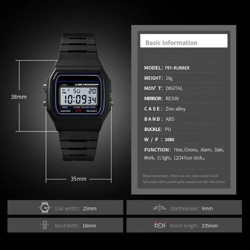 F 91W Classic Digital Resin Strap Watch Stopwatch ChronographSport Unisex Men us