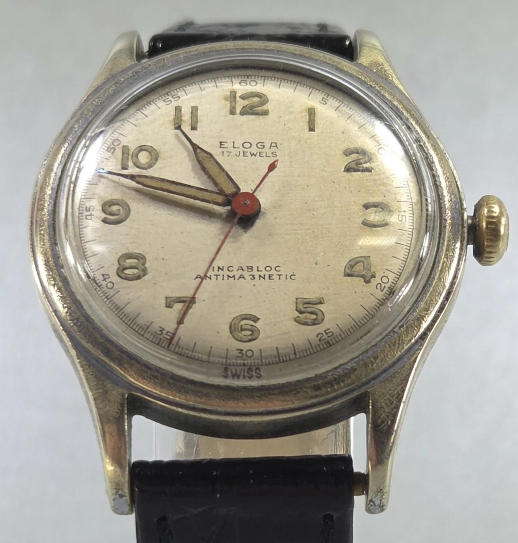 Vintage mid-century Champagne face Eloga 17 jewels Swiss Incabloc pilot’s watch