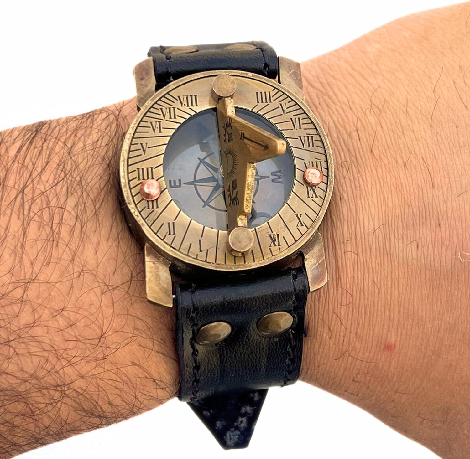 Antique Sundial Compass with Black Leather Band Watch Compass Nautical Camp Wear