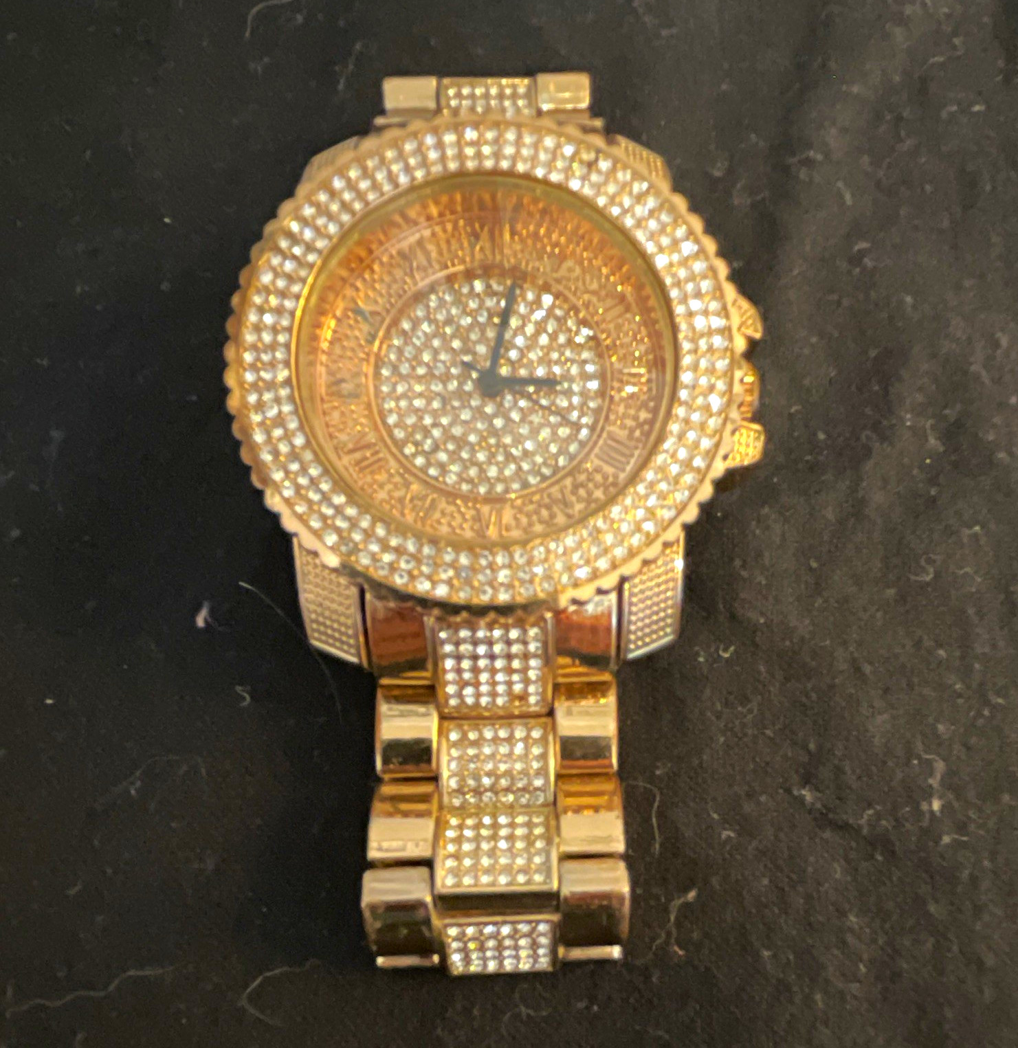 Techno Pave Gold-Tone Quartz Roman Numeral Analog Bracelet Watch 100M 52mm