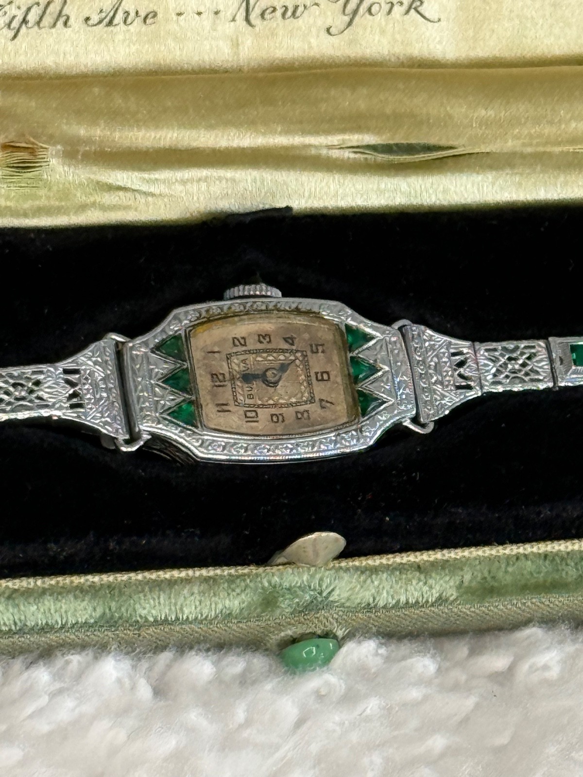 Vintage 1929 Ladies Bulova “Miss Liberty” wristwatch with emeralds