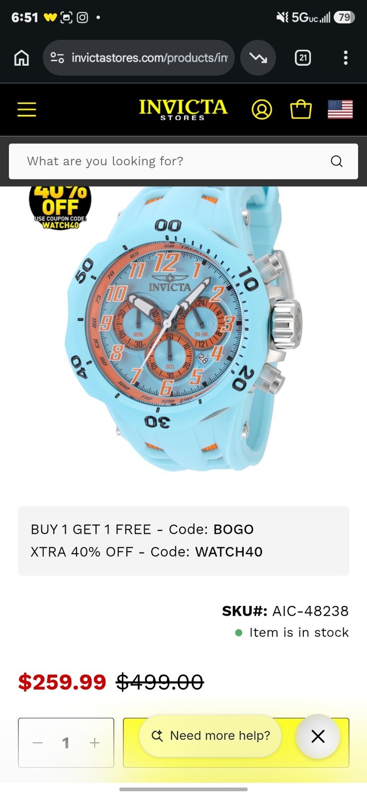 Invicta Men’s VENOM HYDRA 52mm Chronograph Dial LightBlue/ Orange Watch 48238