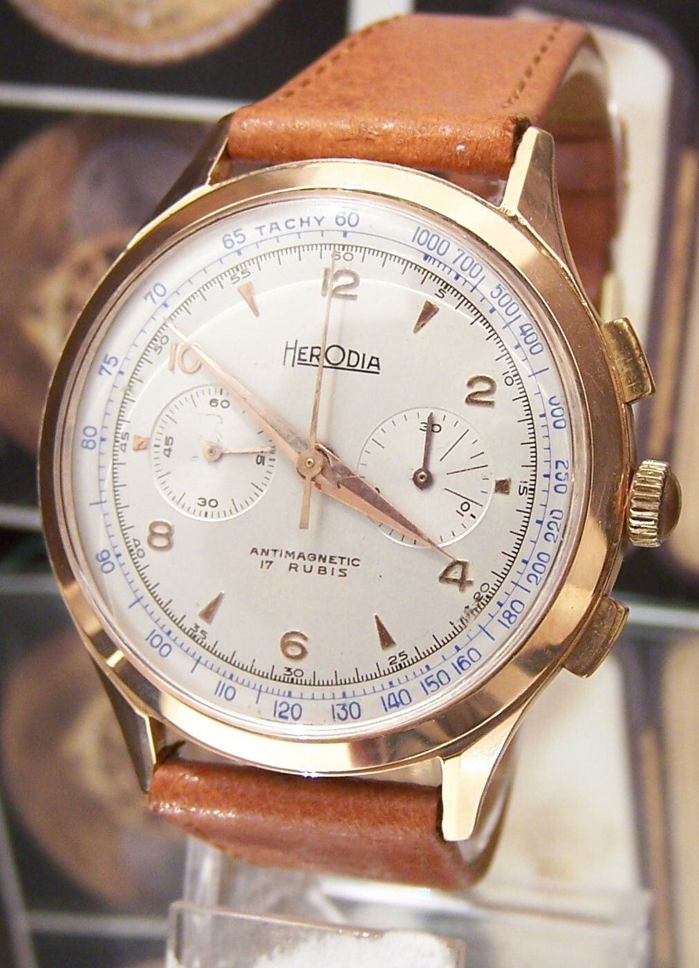 60’S SOLID 18K GOLD ANTIQUE VINTAGE 2 REG CHRONOGRAPH LEMANIA 1270 SWISS WATCH