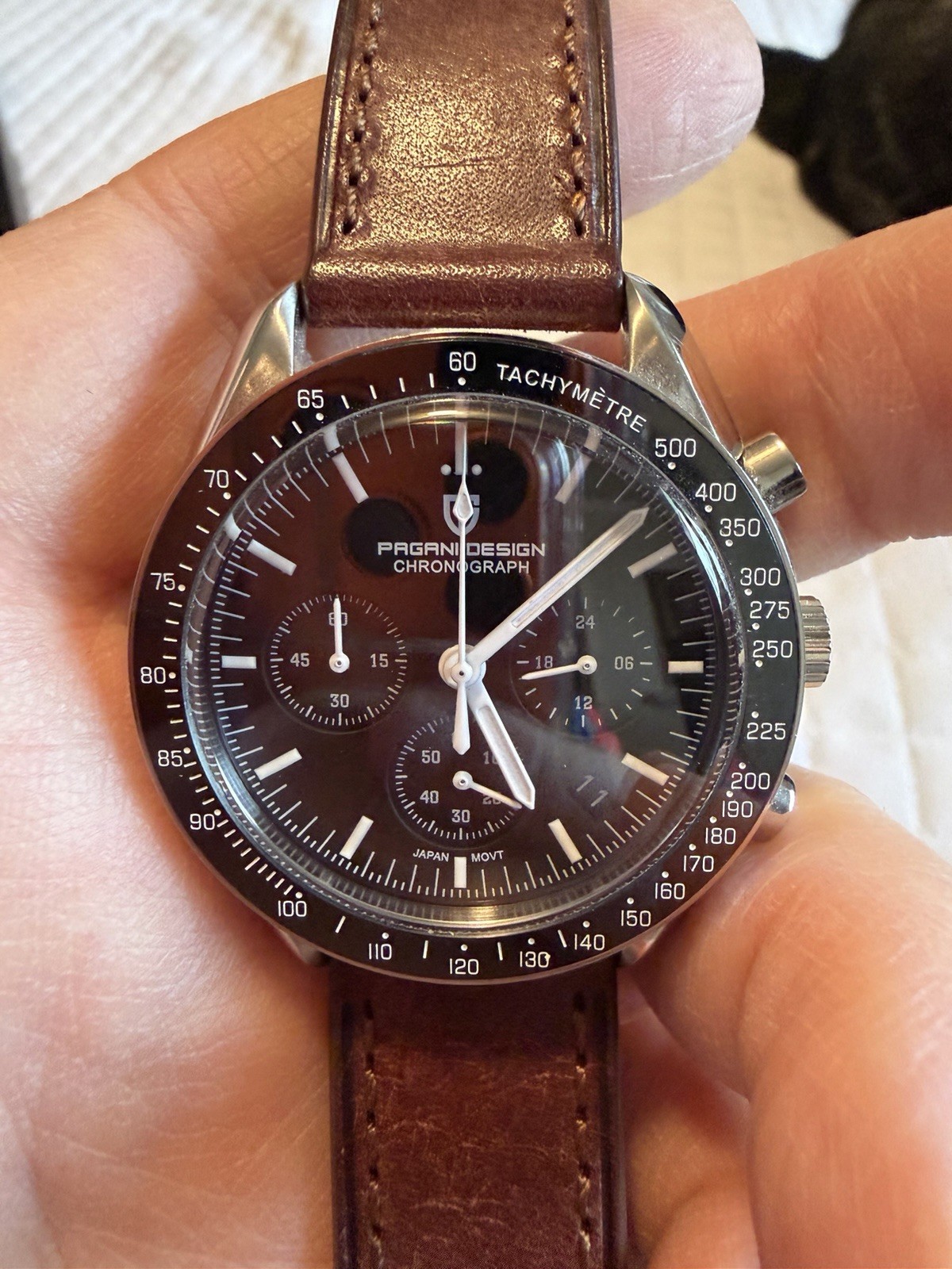 Pagani Design Quartz Chronograph Tachymeter Wristwatch Black Dial Brown Leather