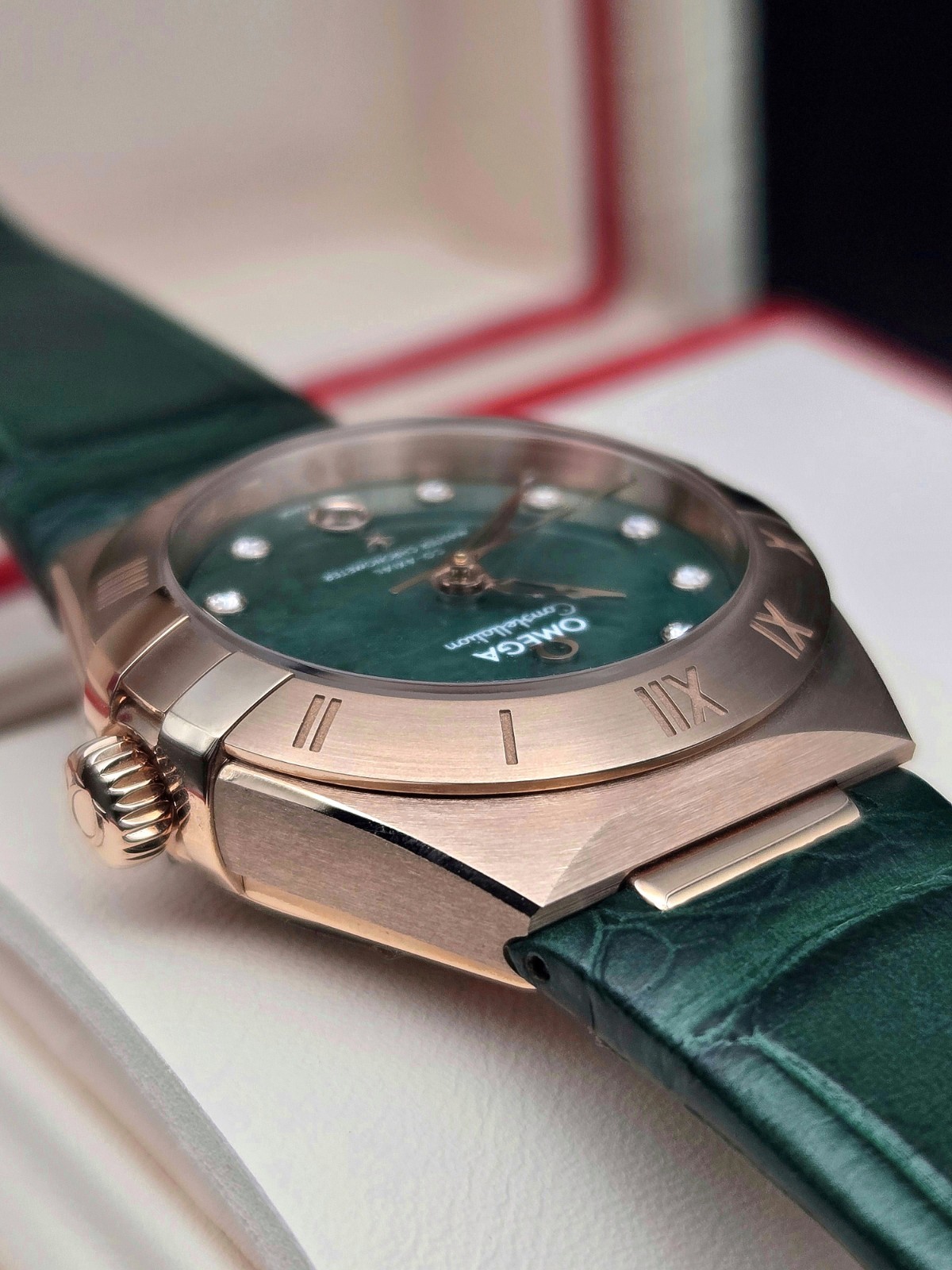 NEW Omega Constellation Ladies 18K Sedna Gold Green Aventurine Factory Diamonds