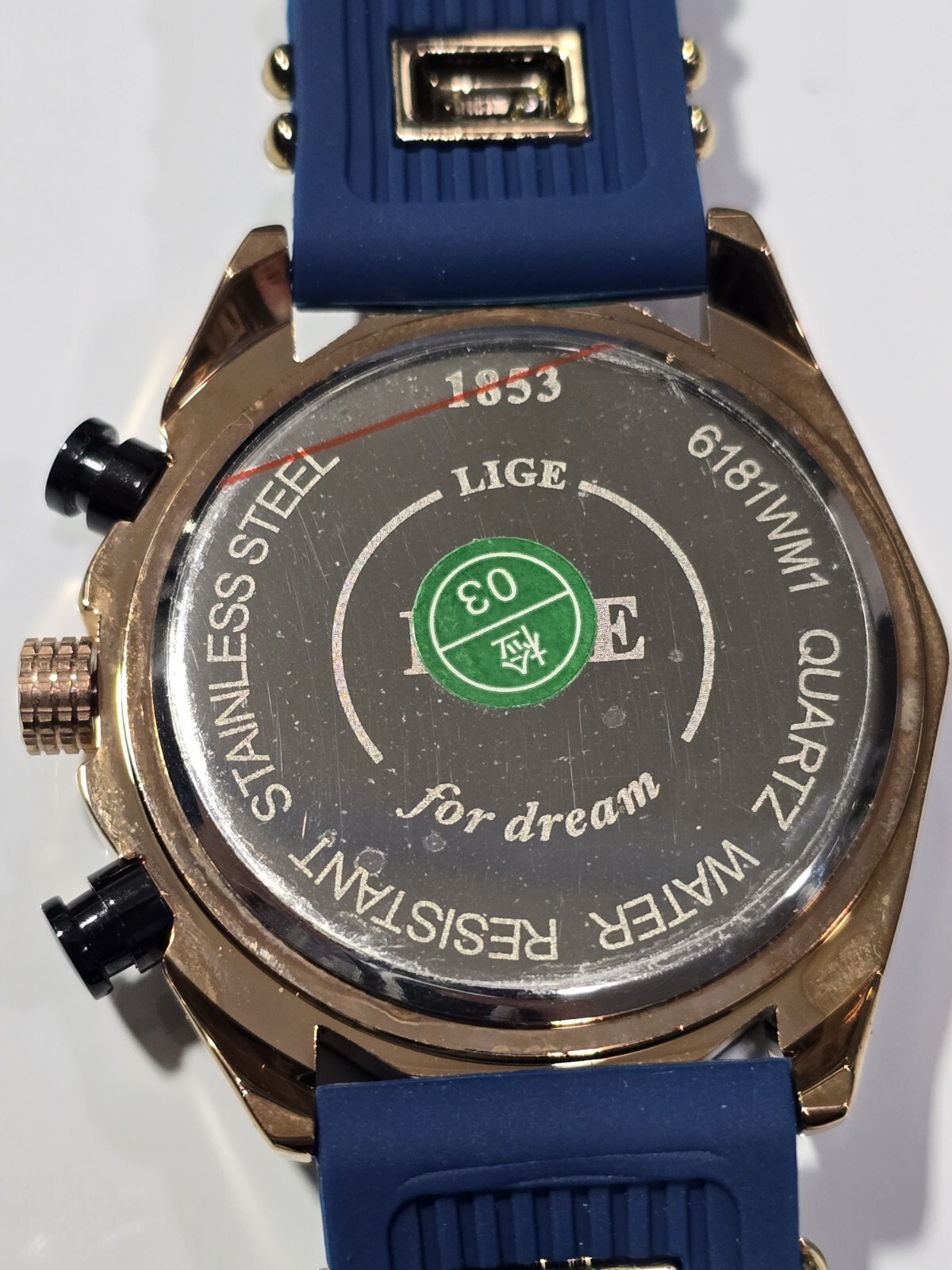 LIGE 1853 DREAM QUARTZ MEN’S WATCH, RUBBER BLUE BAND WITH STAINLESS ACCENT, NWT