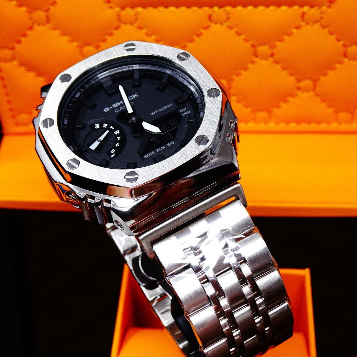 CUSTOM CASIO G-SHOCK GA-2100-7A Movement Stainless Steel Silver Bezel New in Box