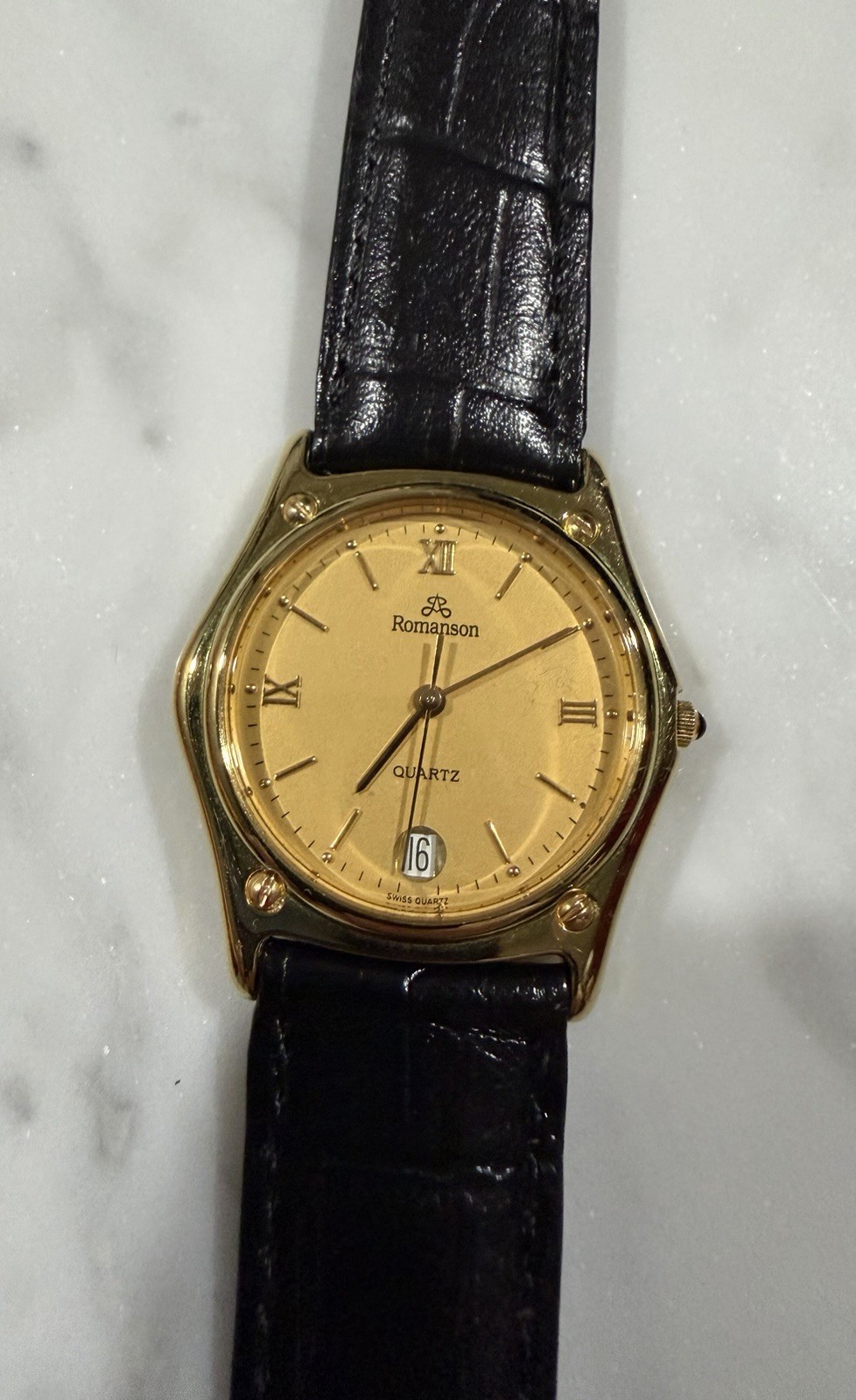 Romanson Round 22K GP Fashion Wrist Watch Leather Band Unisex Adults