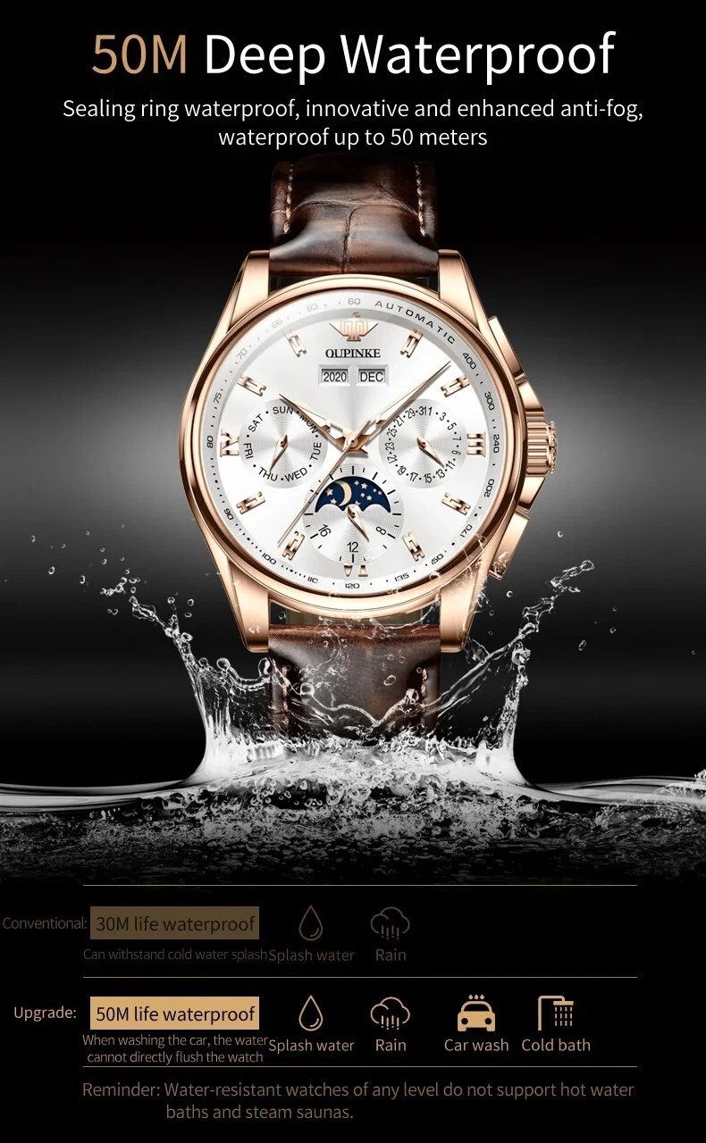 Automatic Mechanical Waterproof Watch Moon Phase Luxury Dial Men’s Men Strap