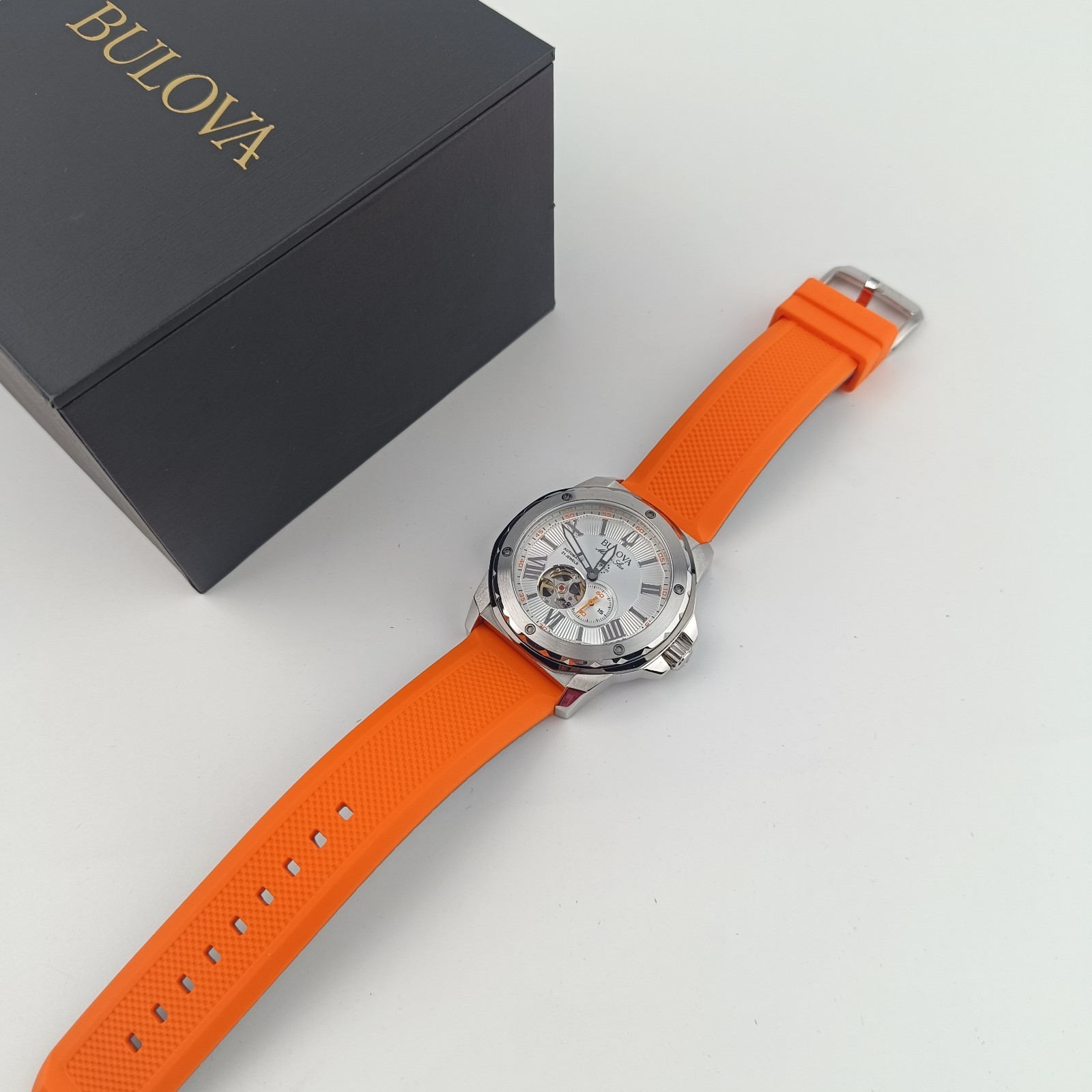 Bulova 98A226 Marine Star Automatic Watch White Dial Orange Rubber Strap