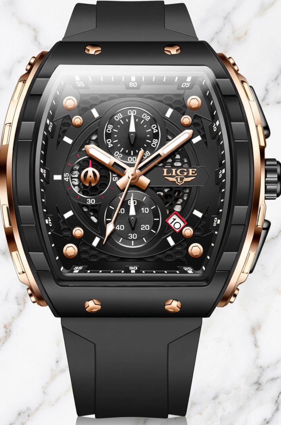 Men Black Dial Silicone Strap Rectangle Sports Wristwatch Gold Trim Analog Watch
