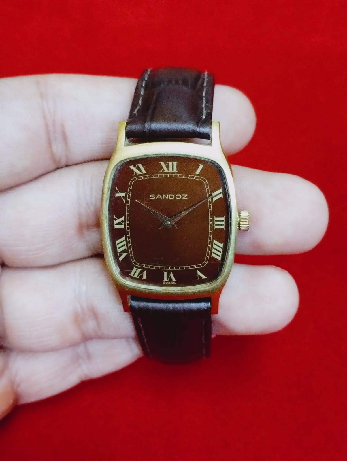Vintage Sandoz original brown dial men swiss winding working wrist watch 053