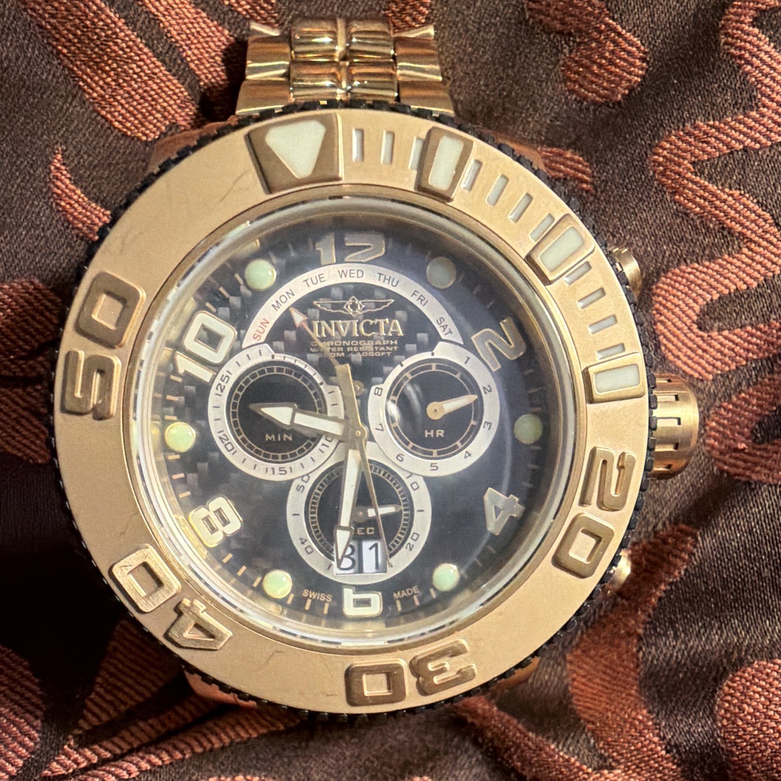 Invicta Pro Diver Swiss Made Quartz Chronograph 200m Gold Tone Black Dial