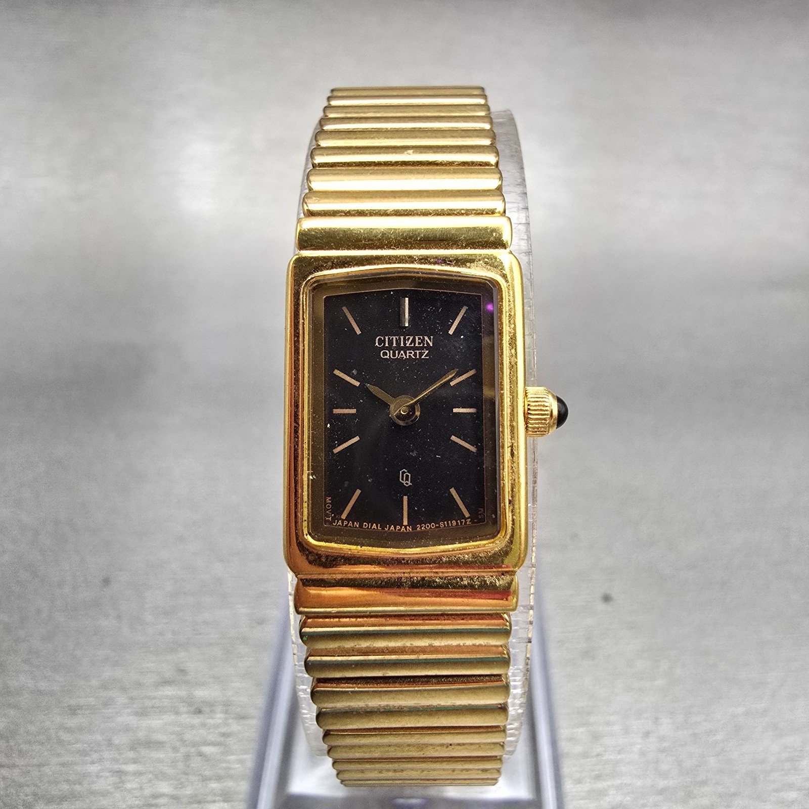 Citizen CQ Watch Women 13mm Black Dial Gold Tone Rectangle 2200-S11917 New Batt