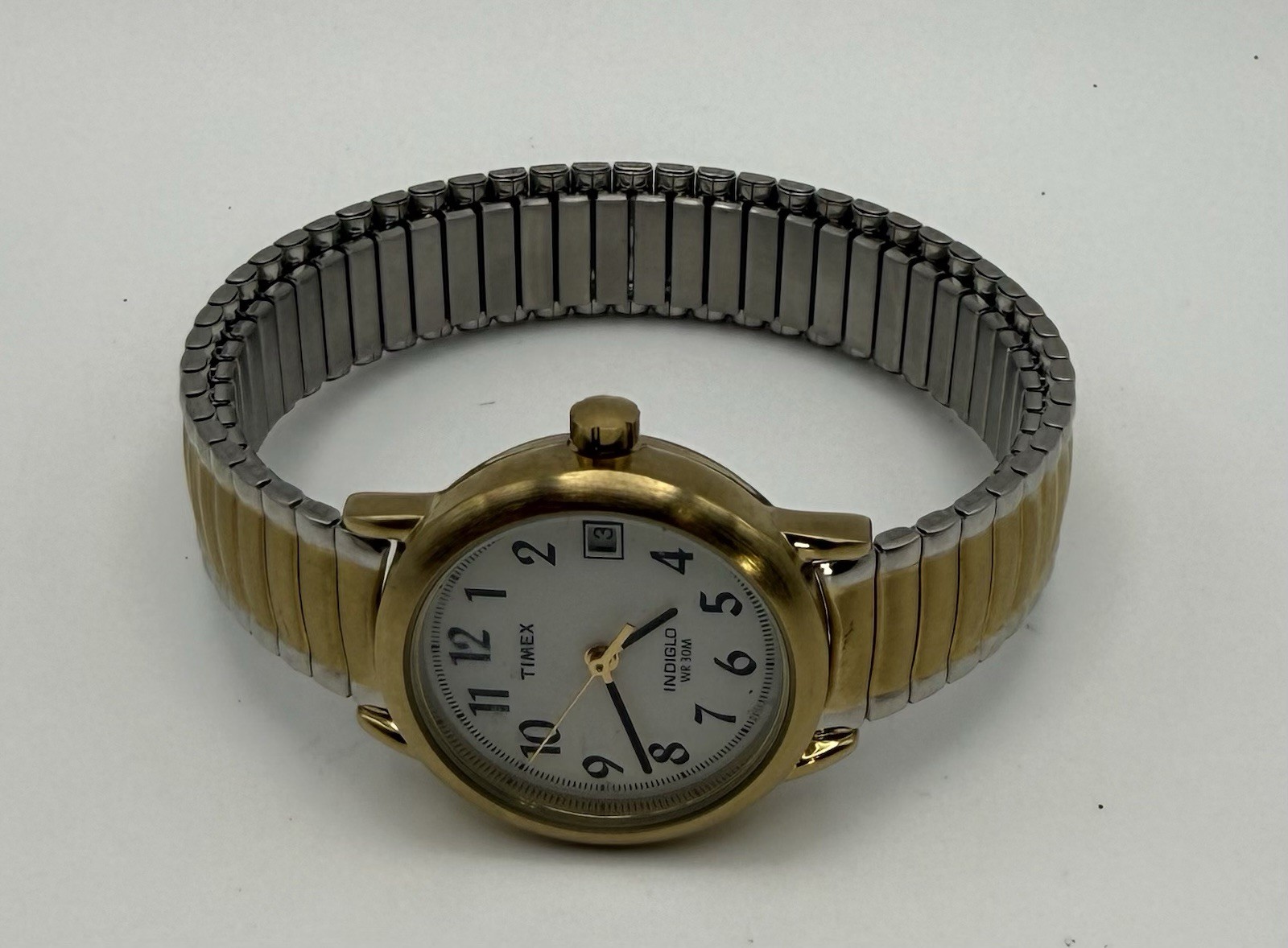 Timex Indiglo Quartz Casual Two-Tone SS Bracelet White Arabic Dial Date WR30M