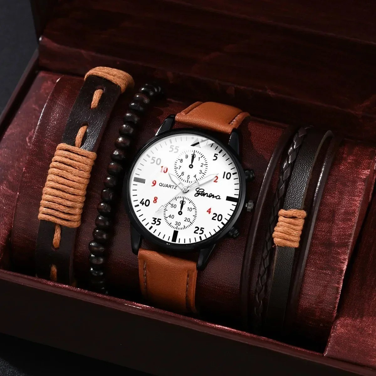 4/2/1pcs Men Sports Watches Set Man Business Quartz Wristwatch Luxury Brown Leat