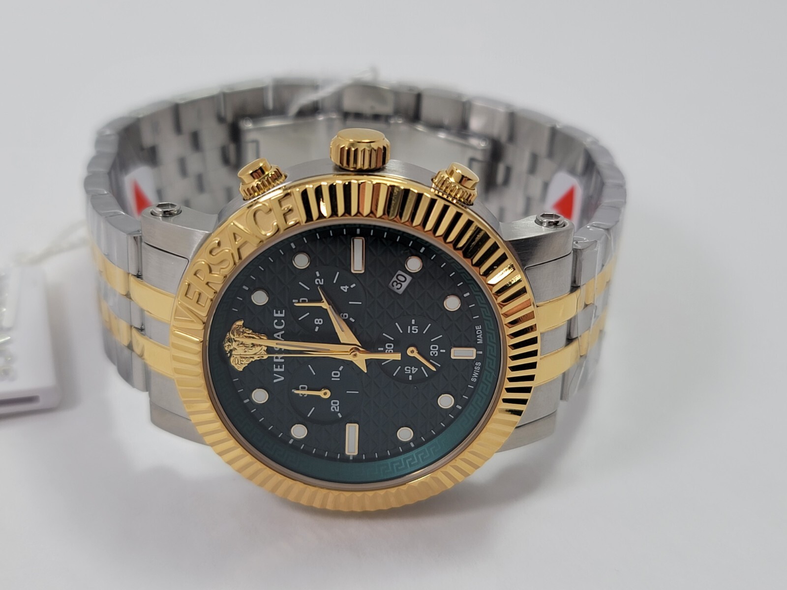 Versace V-Chrono Quartz Green Dial Two Tone Stainless Steel Mens Watch VESQ00722