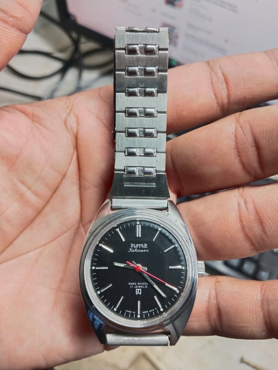 Orignal HMT Mechanical Watch Dial Black Silver Bracelet Strap Hand Winding Mint