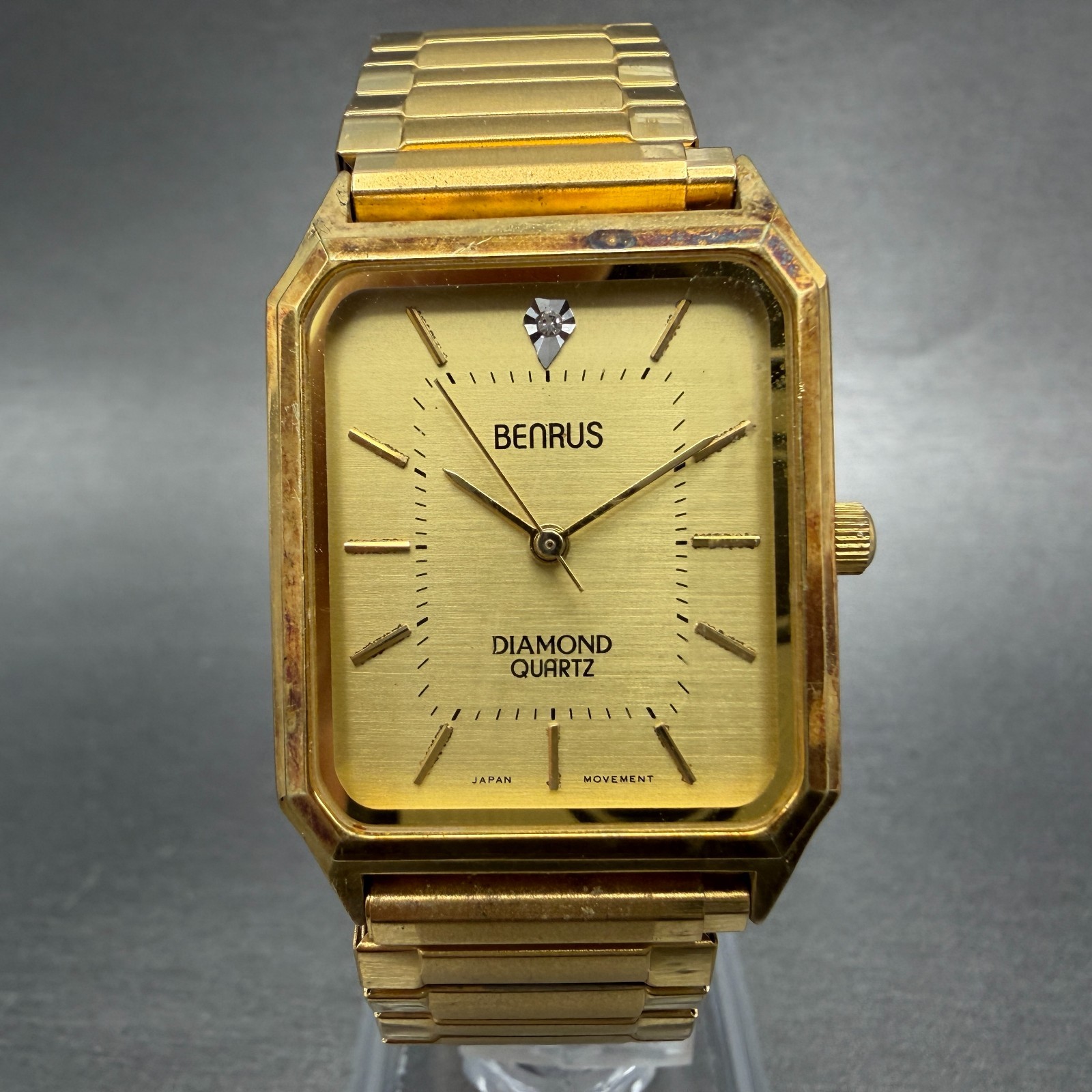 Benrus Tank Watch Men 26mm Gold Dial Gold Tone Octagon New Battery VTG