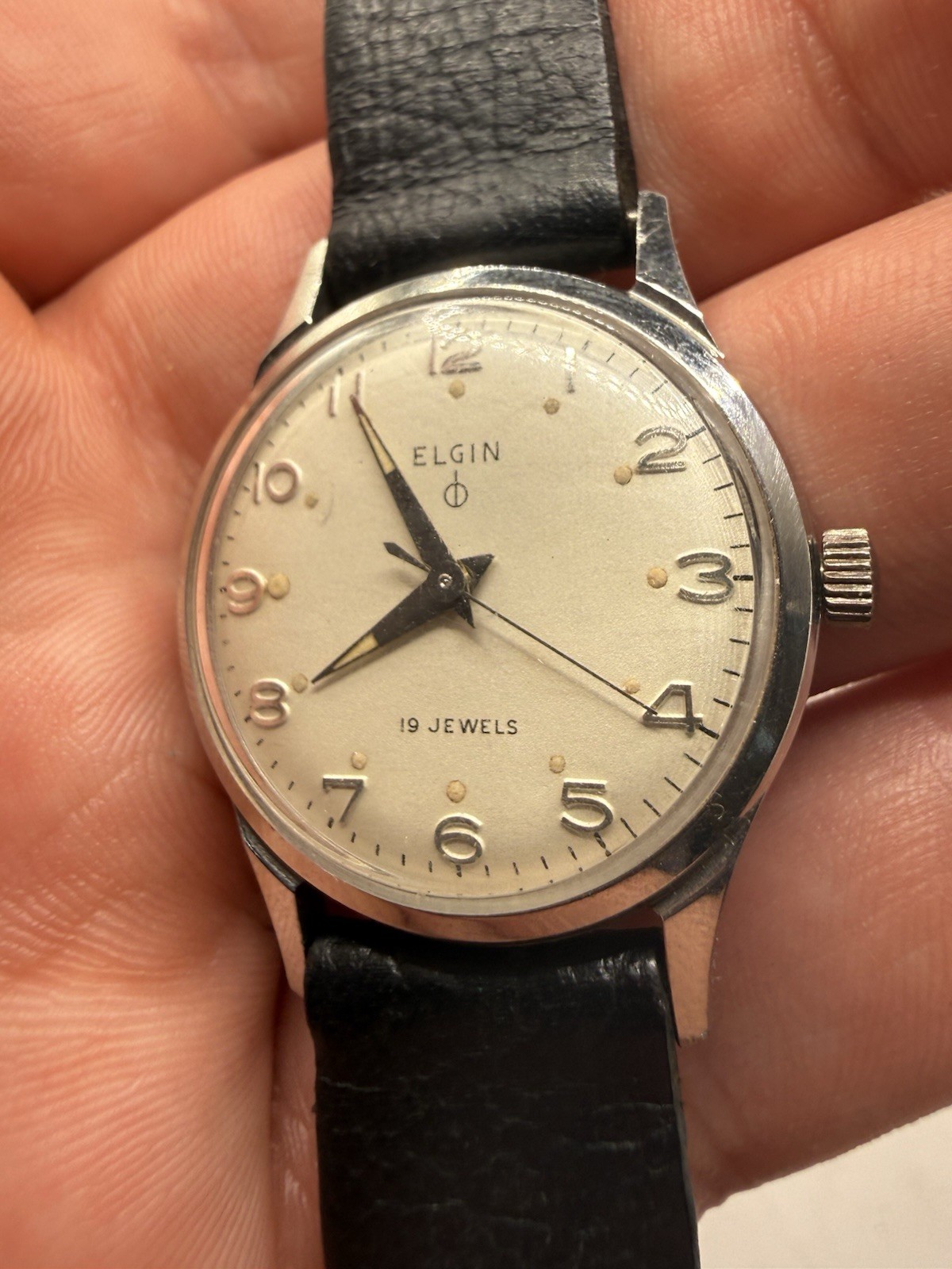 VINTAGE Elgin 19 Jewels Mens Watch Stainless Steel DuraPower Sweep Seconds RUNS