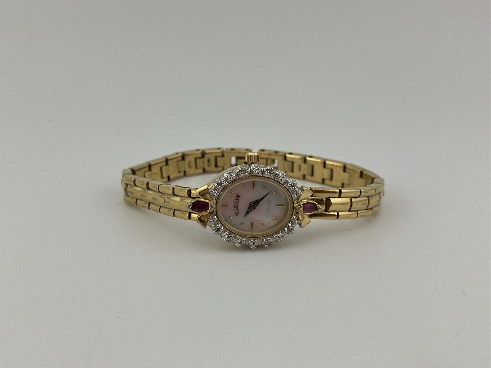 Vtg Austin Lades 17mm Watch Gold Tone Diamond & Ruby Bezel MOP Dial 5.75″ – RUNS