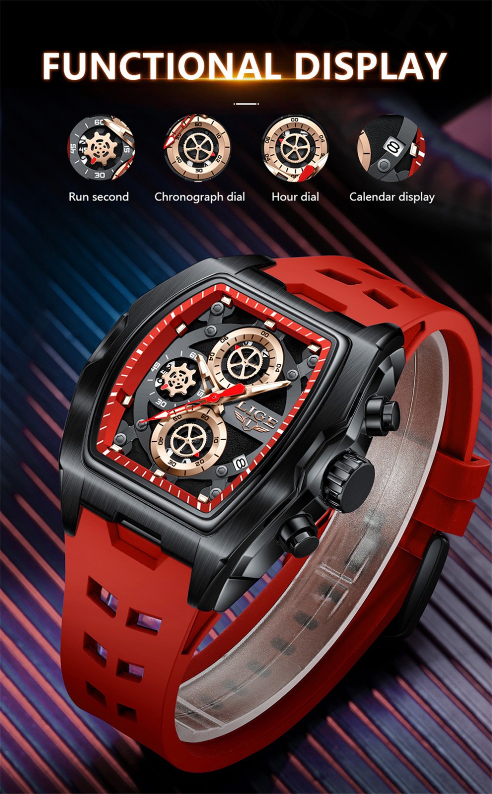 LIGE Men Silicone Watch Rectangle Sport Wristwatch Chronograph Date Male Watches