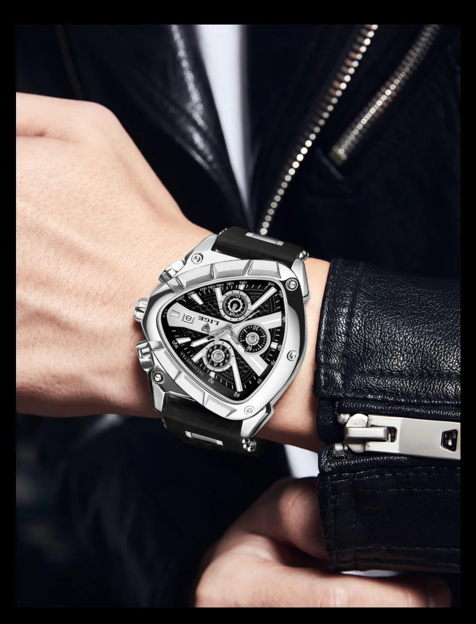 LIGE Fashion Men Watch Triangle Chronograph Military Wristwatch Sport Army Mens