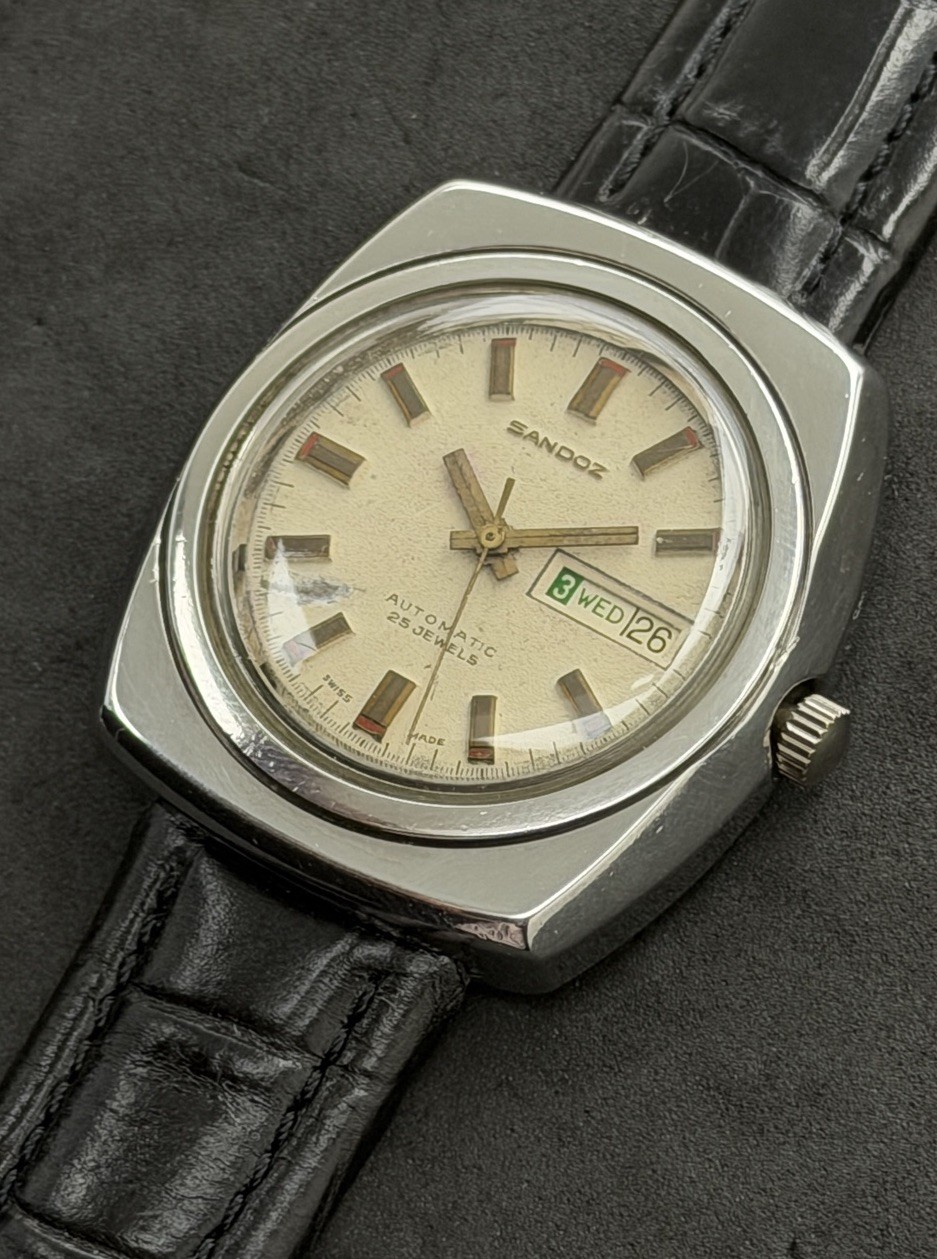 Vtg 1976 SANDOZ Day Date Men’s 40mm Automatic Watch 25 Jewels Steel Cream Dial