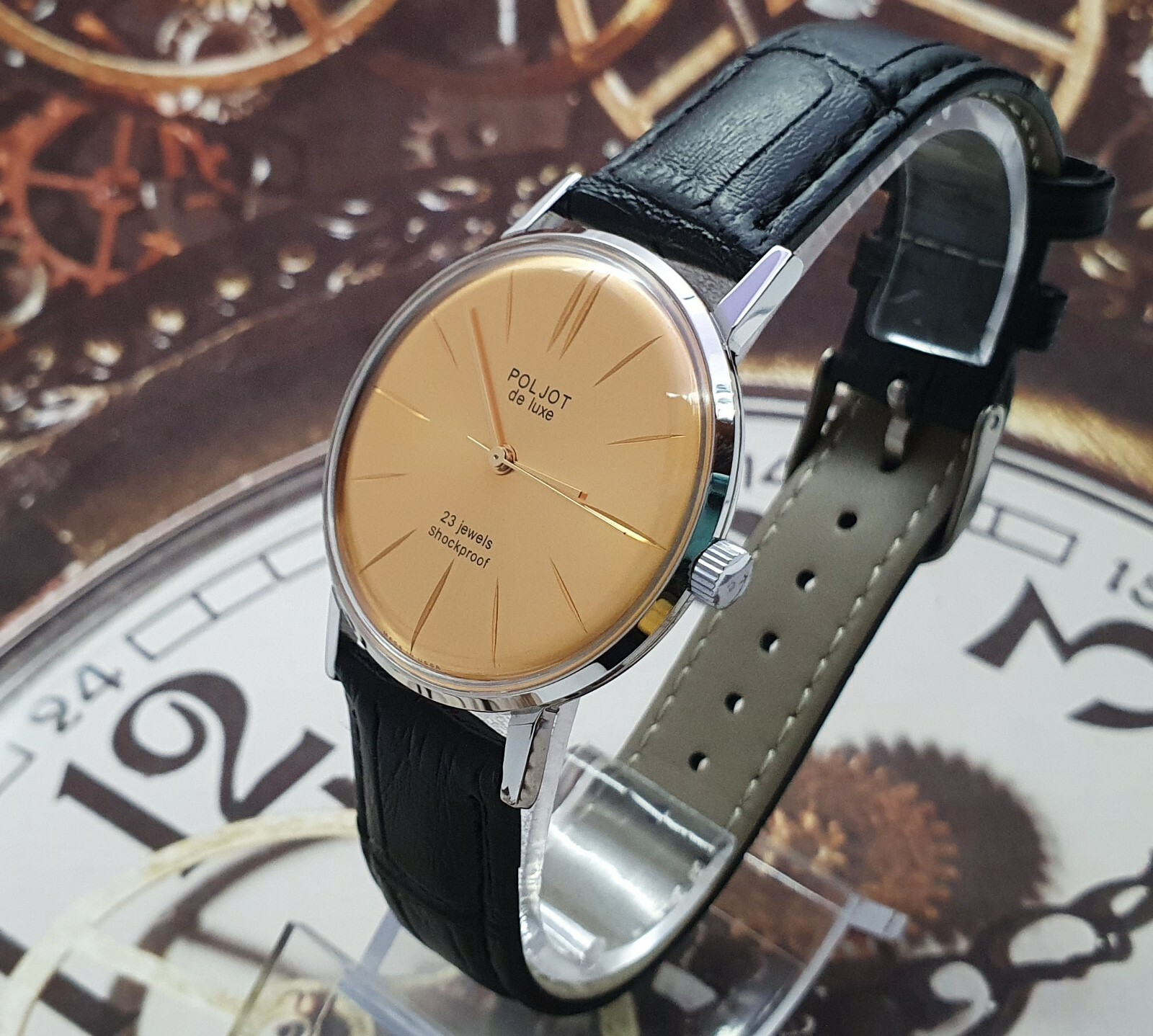 Poljot De Luxe ULTRA SLIM 2209 Gold Dial Mechanical Watch Vintage Style USSR