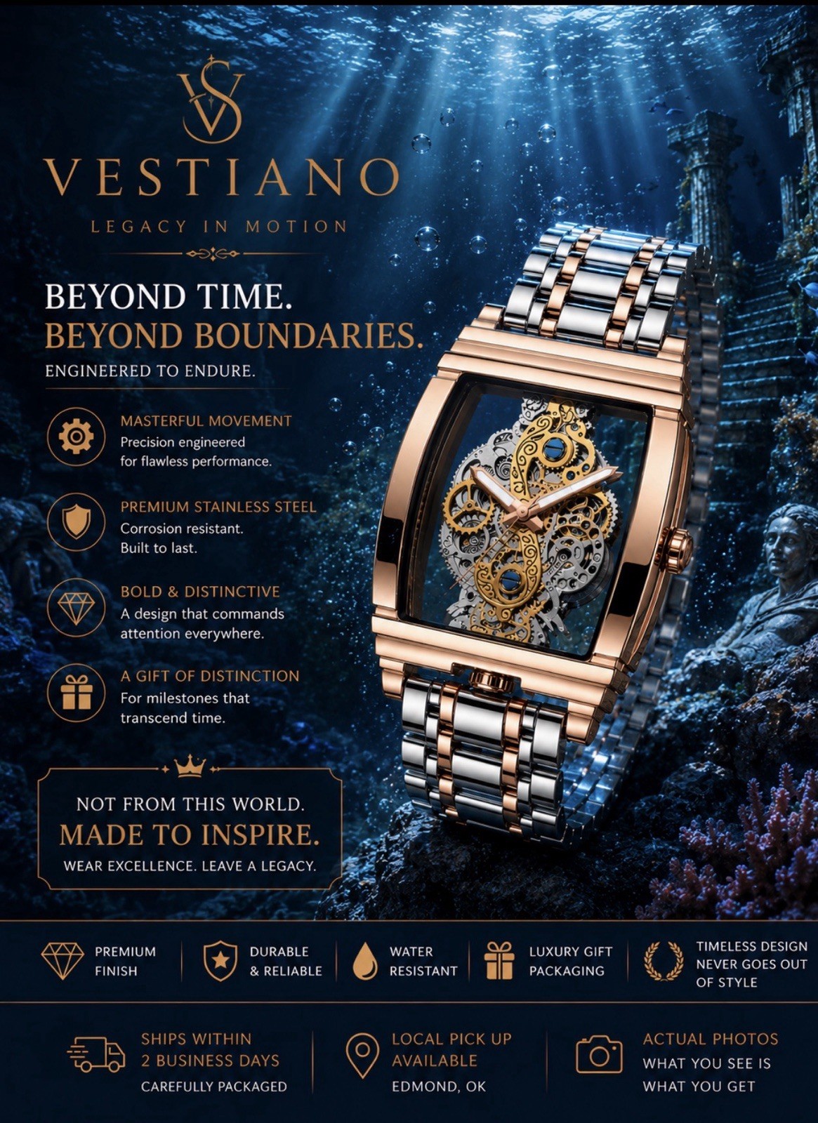 VESTIANO Luxury Two-Tone Men’s Watch | Rose Gold & Silver Stainless Steel |
