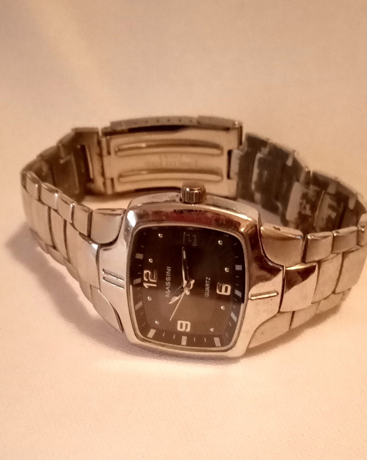Men’s Quartz Watch Massini Silver Tone 7 Inches Black Dial Vintage Need Battery