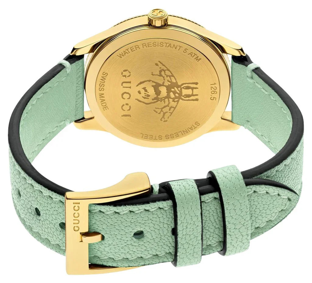 Gucci G-Timeless Yellow Gold PVD Silver Dial Green Leather Strap Quartz Womens