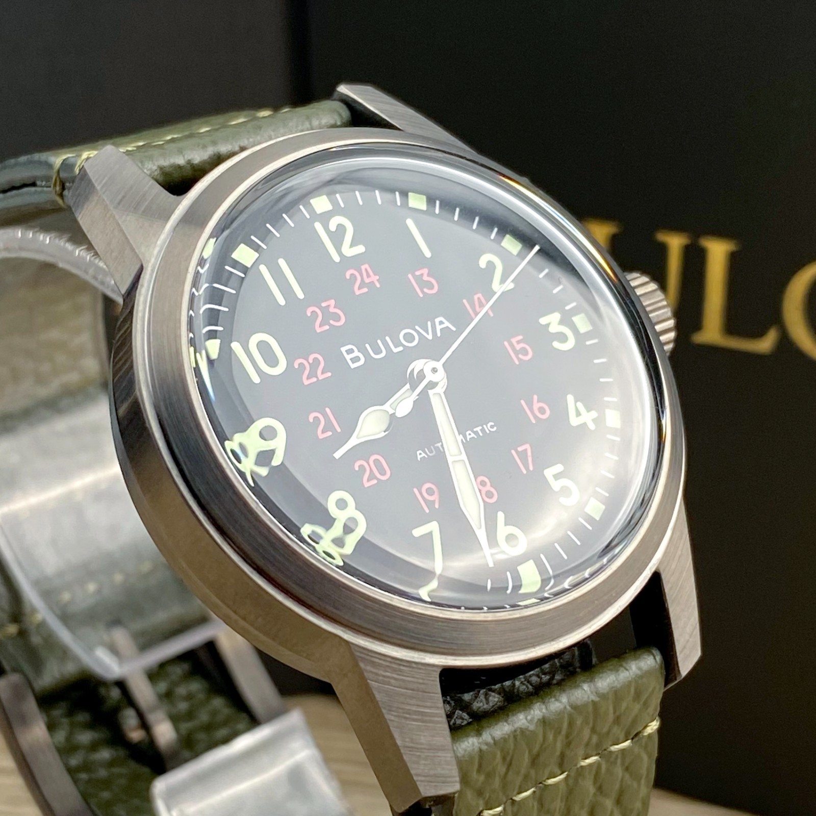 Bulova Hack 98A255 Black Dial Green Leather Strap Automatic Men’s Watch