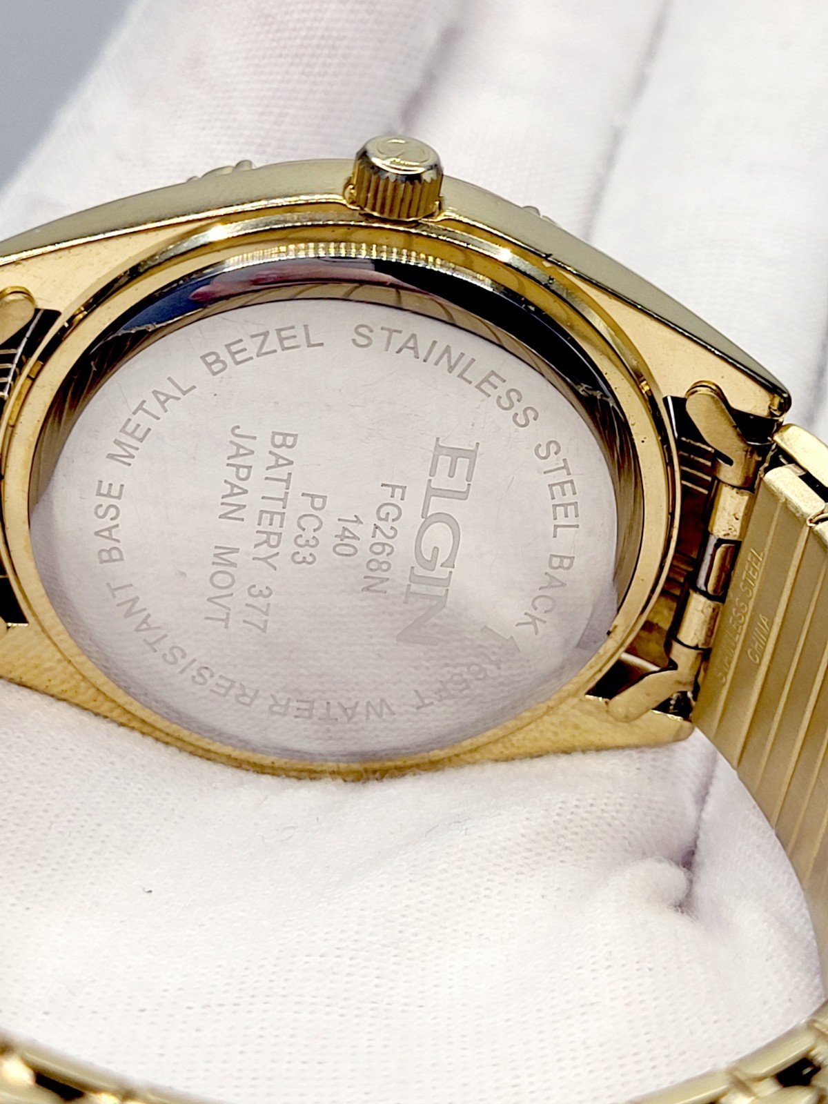 Elgin Men’s Gold Tone Watch 1990s [MINT] Black Pinstripe Dial Diamond Accents