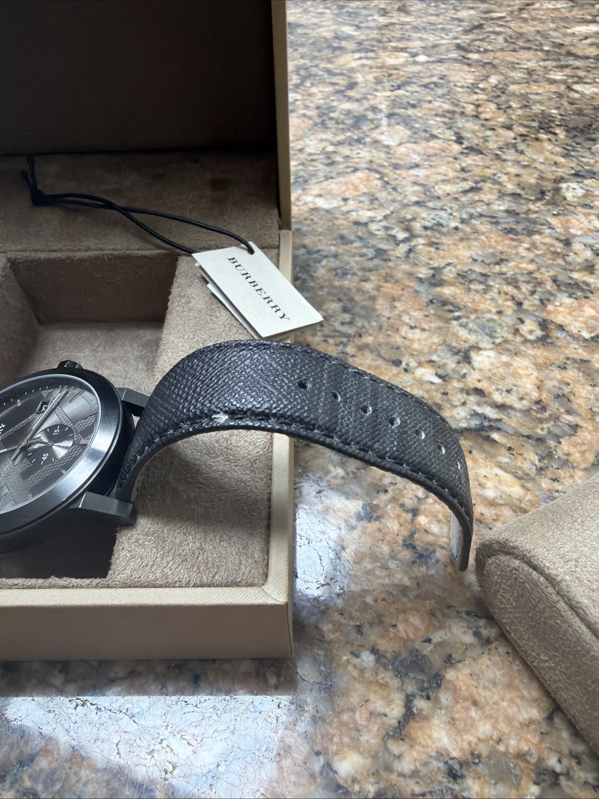 Burberry The City 42mm Black Stainless Steel Case and Black Leather Band, Men’s