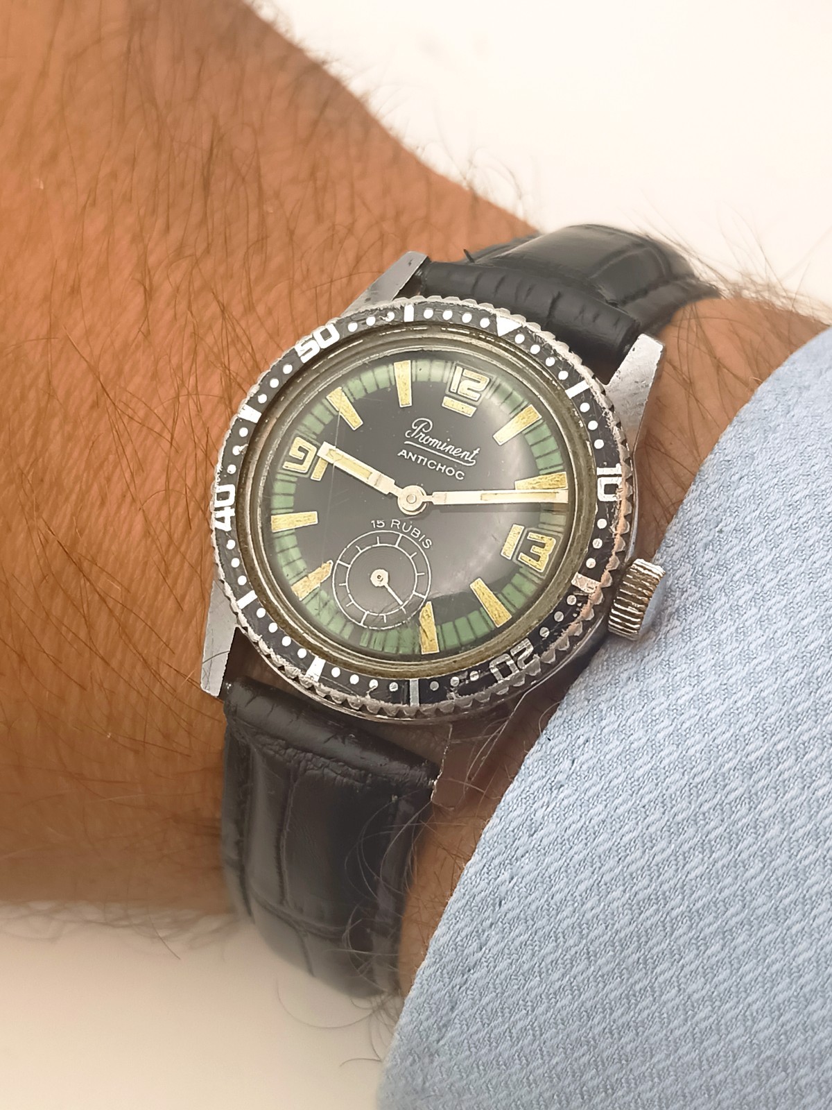 Vintage Prominent Skin Diver 31mm Cupillard FE233 15 Rubis Rare Black Dial 1960s