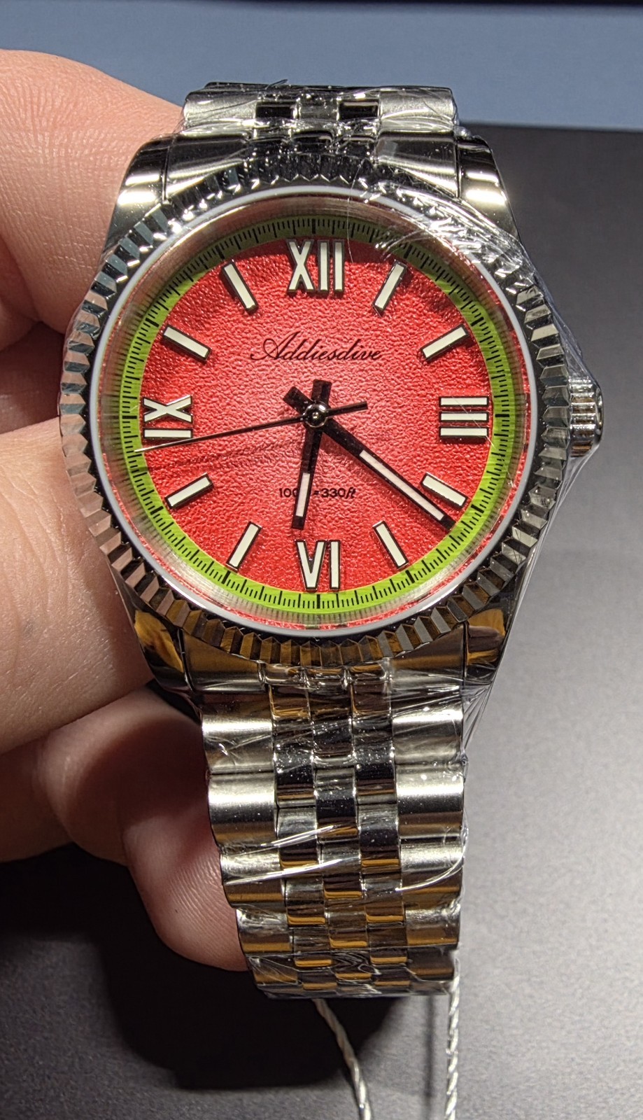 Addiesdive Watermelon Red 36mm Watch Fluted Bezel Wrapped Quartz 100m Sapphire