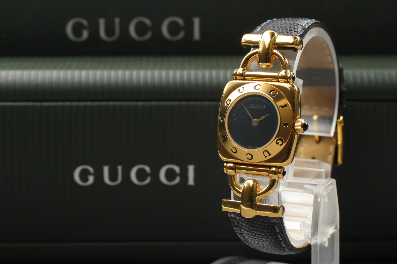 【Near MINT /Box】 Gucci Horsebit 6300L Gold Black Leather Ladies Watch from JAPAN
