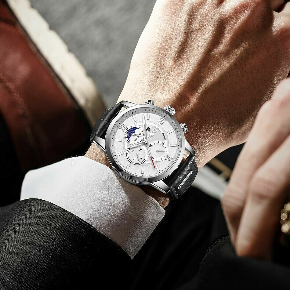 NEW Men’s LIGE Silver Tone Moonphase Chronograph Black Leather Dress Watch