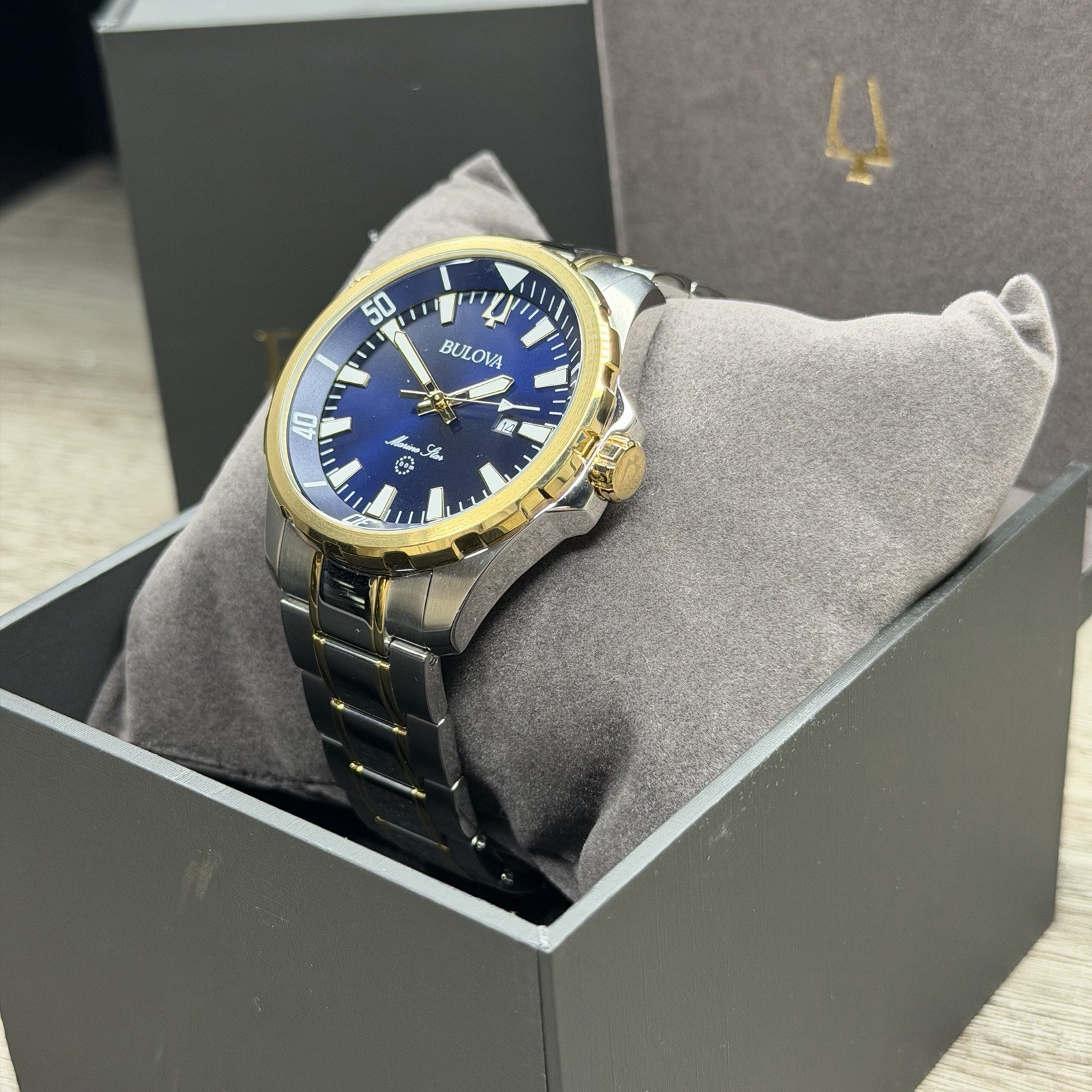 SPORT✅ Bulova Marine Star Blue Dial Calendar Two-Tone Men’s Watch 43mm 98B384