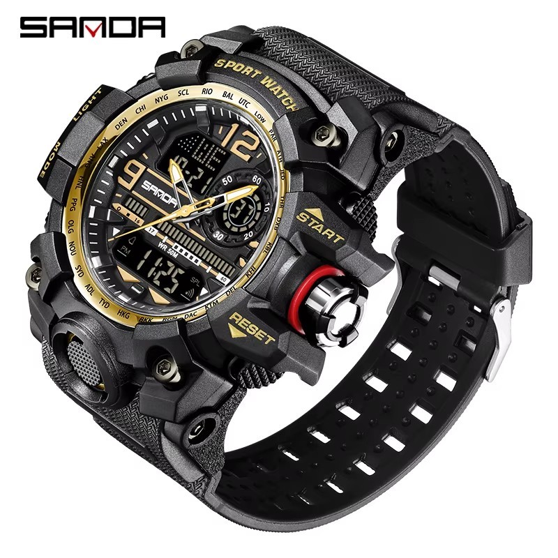 Men’s Sports Outdoor Waterproof Tactical Military Watch Date LED Face Black Gold