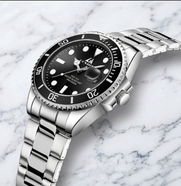 Men Silver Fashion Watch Waterproof Luminous Analog Quartz Black Dial Wristwatch