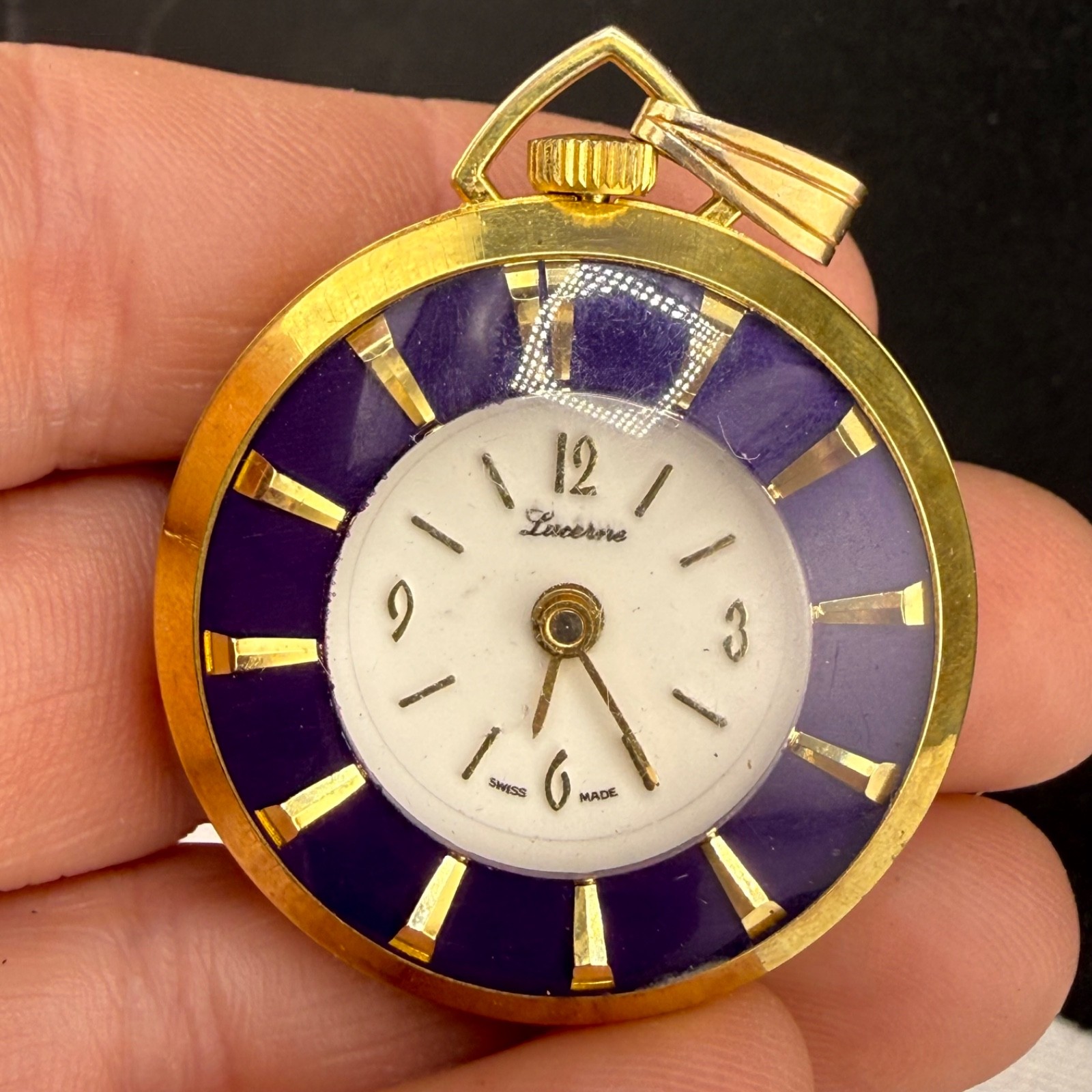 Vintage Lucerne Woman’s Pocket Watch Gold Tone Blue Enamel Does Not Wind Or Tick