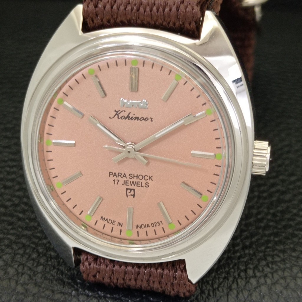 HAND-WINDING VINTAGE HMT KOHINOOR INDIAN MENS PINK COLOR DIAL WATCH a440970-1