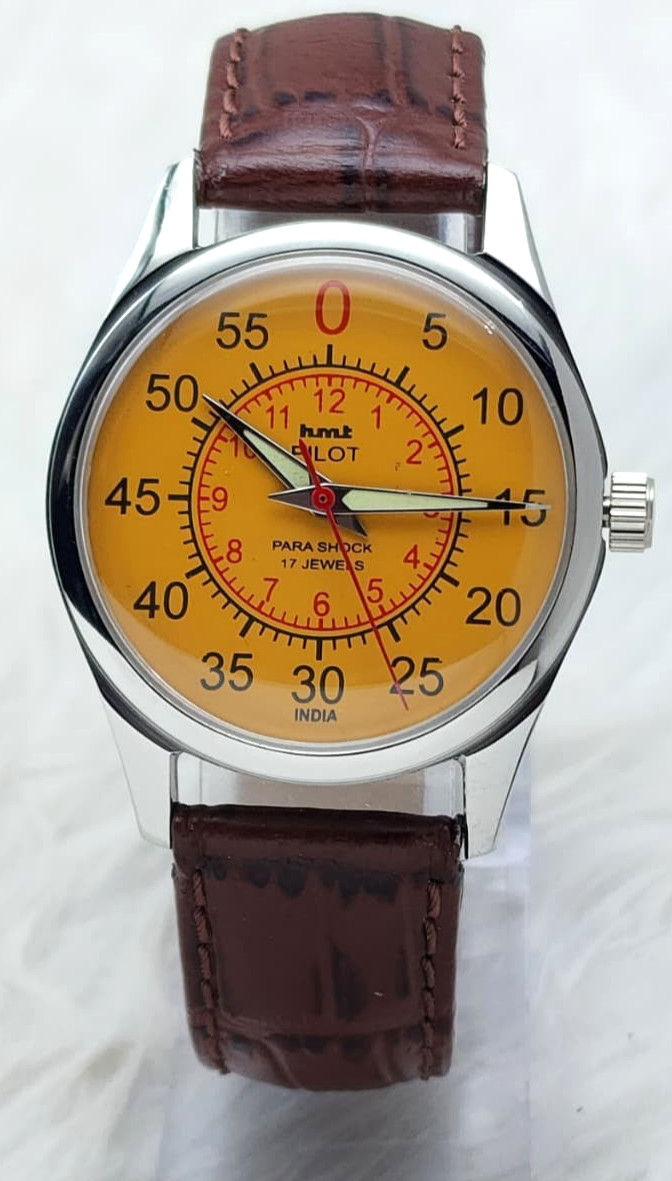 HMT Pilot Orange Dial 17 Jewels Mechanical Watch Vintage Transparent Back Case