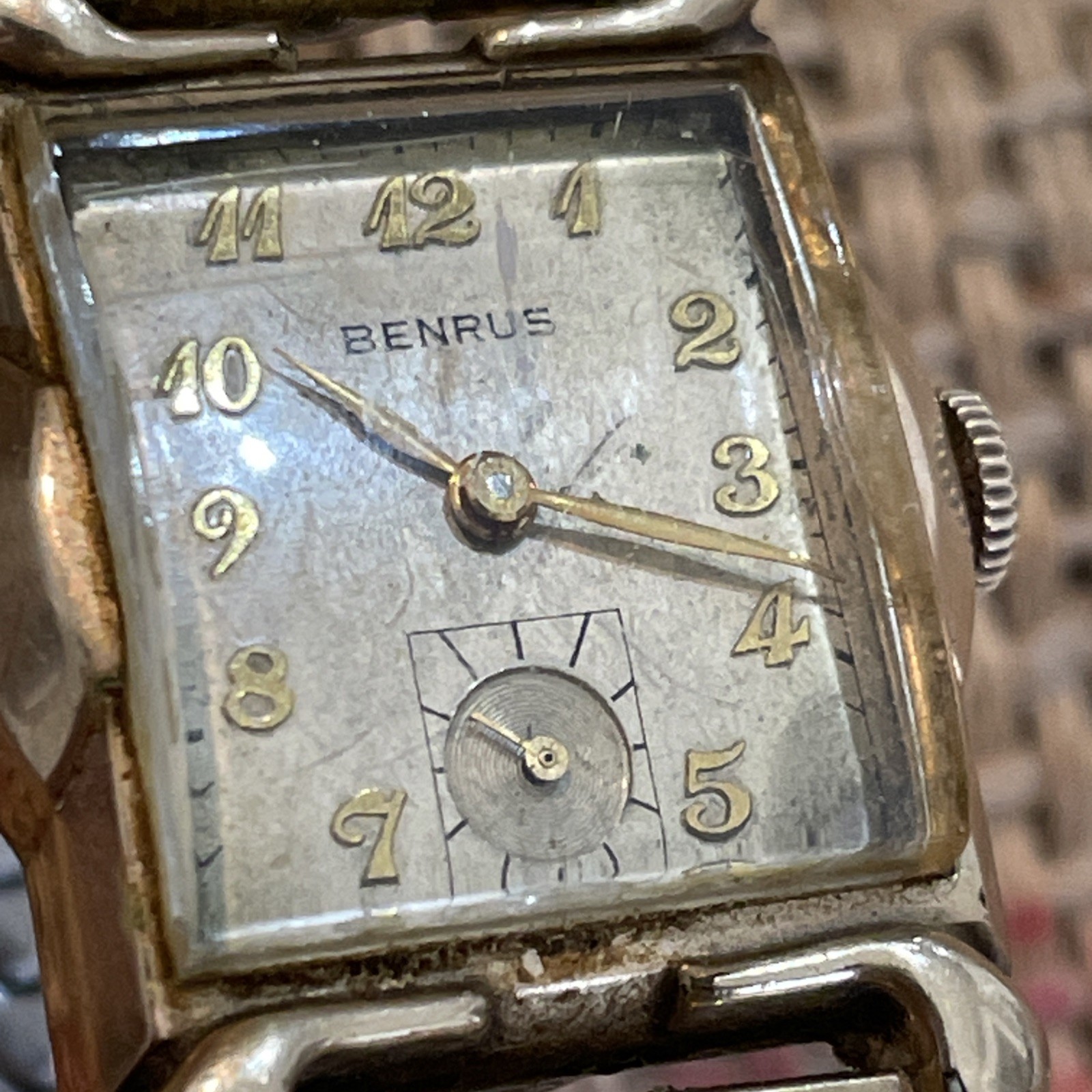 BENRUS Mens Art Deco Style Tank Watch. 10K Gold Filled 17 Jewels BA2 SWISS Runs