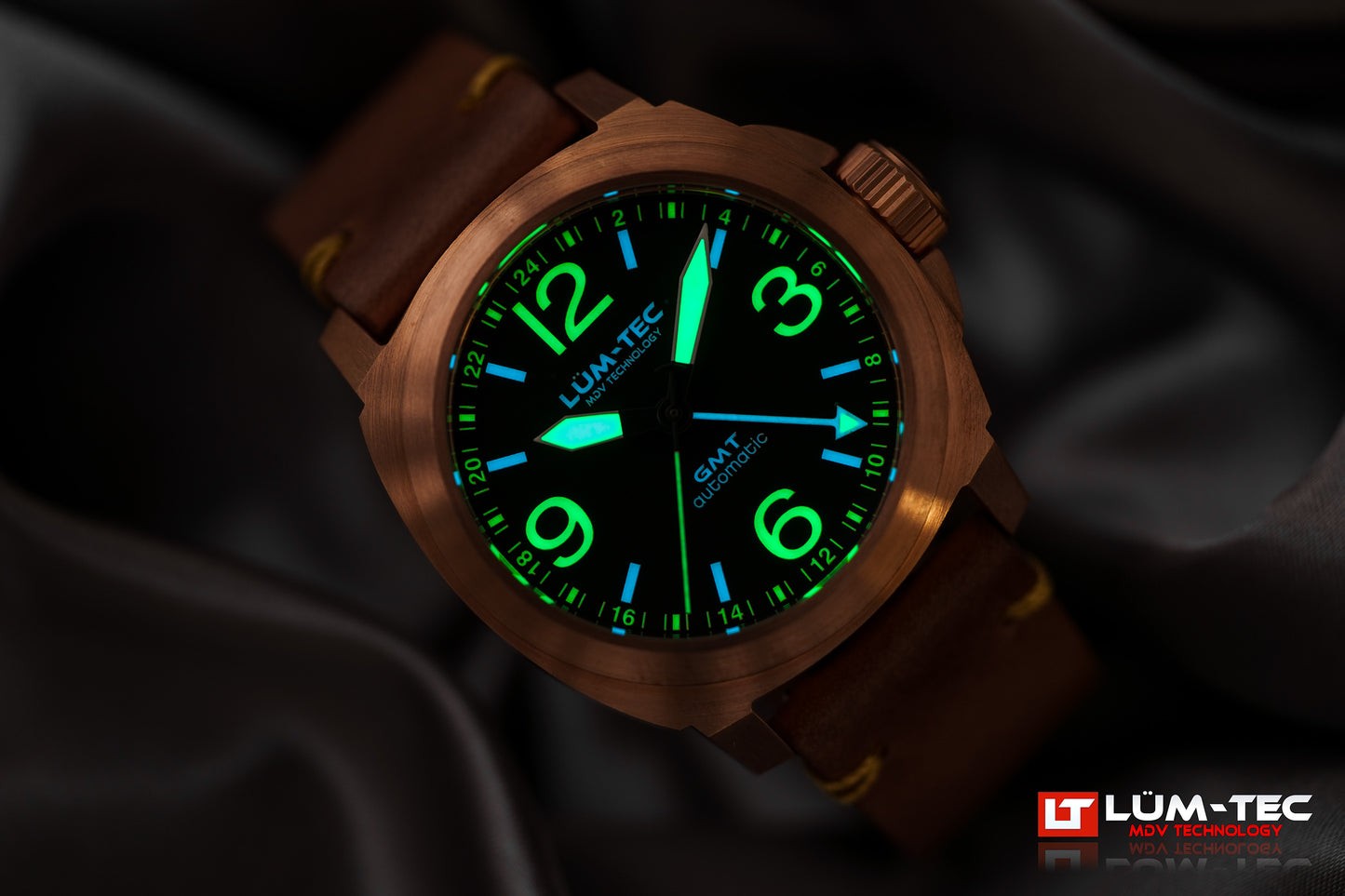 Lum-Tec M94 Bronze NO Date GMT Mens Automatic Watch 44mm Solid CuSn8 Bronze Case