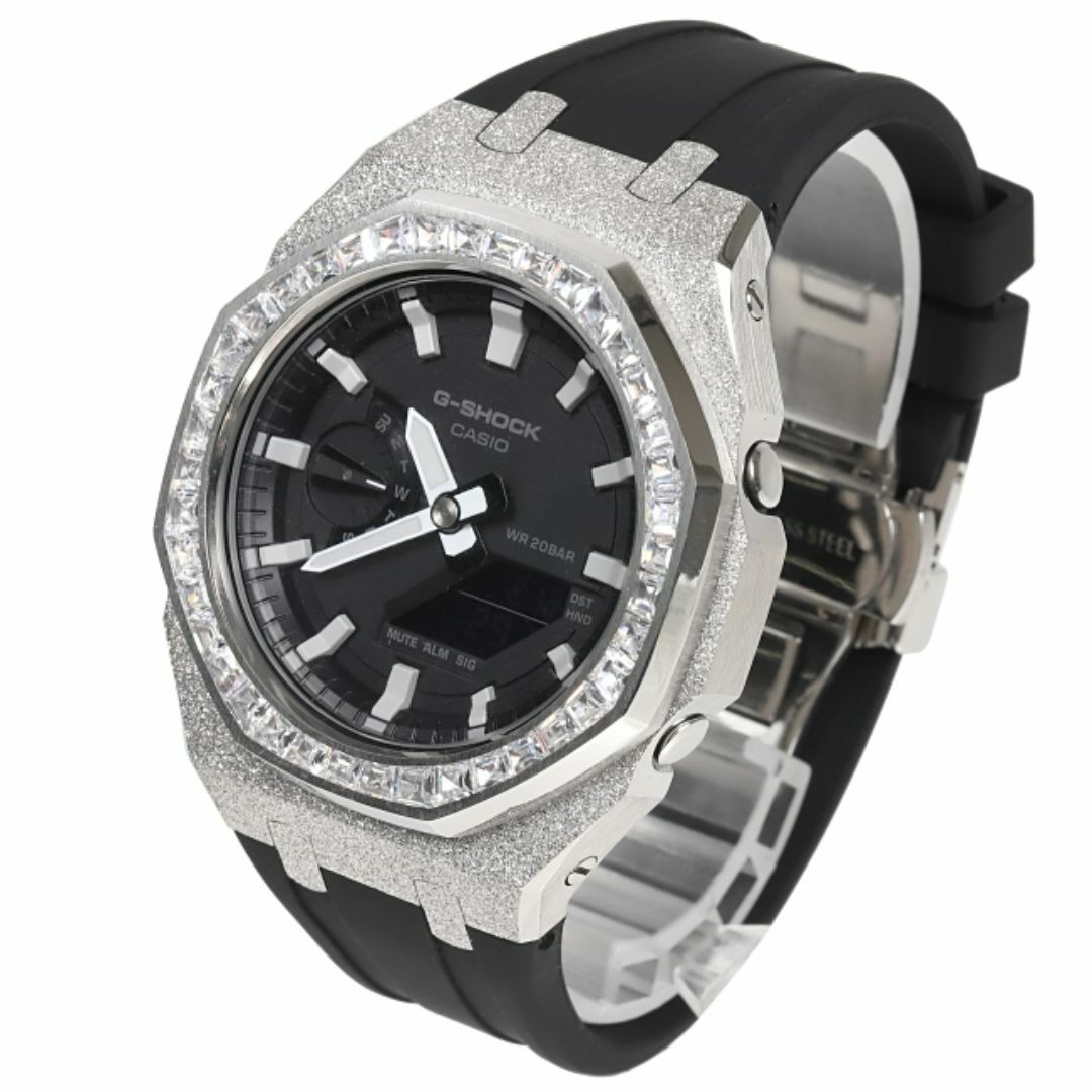 G-Shock GA2100 1A Metal Custom Frosted Silver Rubber Band Baguette CZ Bezel Casi