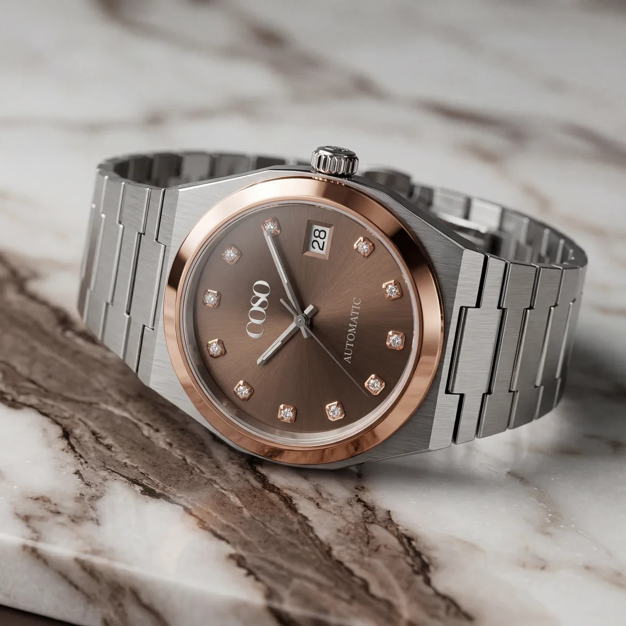 COSO Tolaris Automatic Brown Dial Rose Gold Bezel Crystal Indices Steel