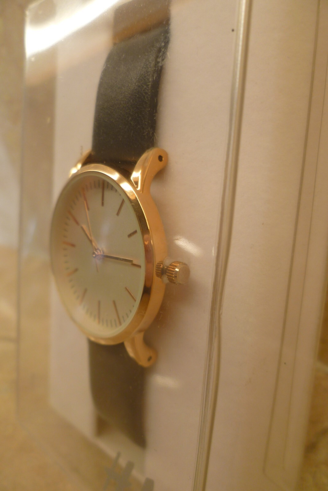 Smart Quartz H&M Watch Rose Gold Black Strap Champagne Ivory 30mm Face Dial
